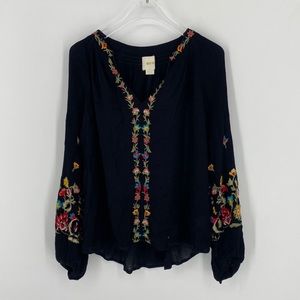 Maeve Black Long-sleeve Floral Blouse